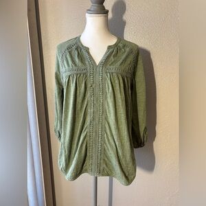 Sundance Olive Green Boho blouse with knit trims Medium